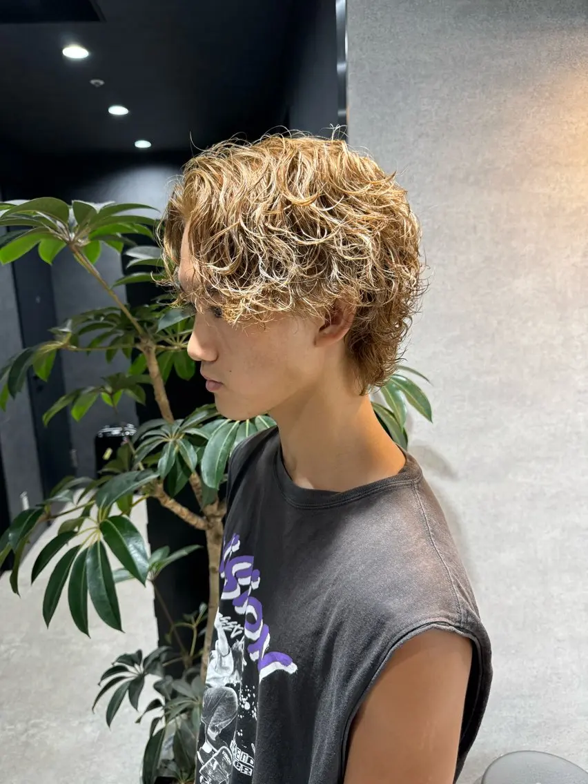 ショート カラー パーマ ヘアアレンジ メンズ メンズブリーチ センターパート メンズハイライト メンズハイトーン マッシュ カット パーマ トリートメント ヘッドスパ ヘアセット スパイキー/フェザー /波巻き/かいとのヘアスタイル
