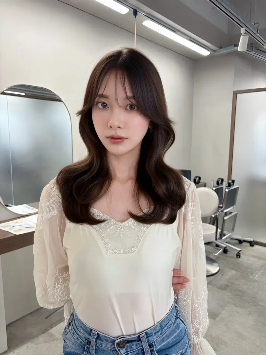 ロング カラー ショコラグレージュ グレージュ 顔周りカット 韓国風ヘア カット ヘアカラー トリートメント 藤野 結衣のヘアスタイル