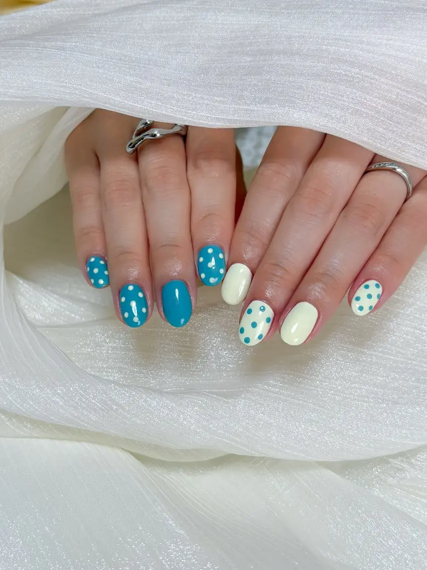 ネイル ブルー ドット 持ち込み 黄色 nail salon minthのネイルデザイン
