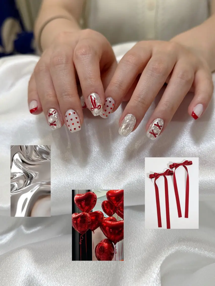 ネイル ミラーネイル 赤色 リボン ハンドネイル nail room 5890  noaのネイルデザイン
