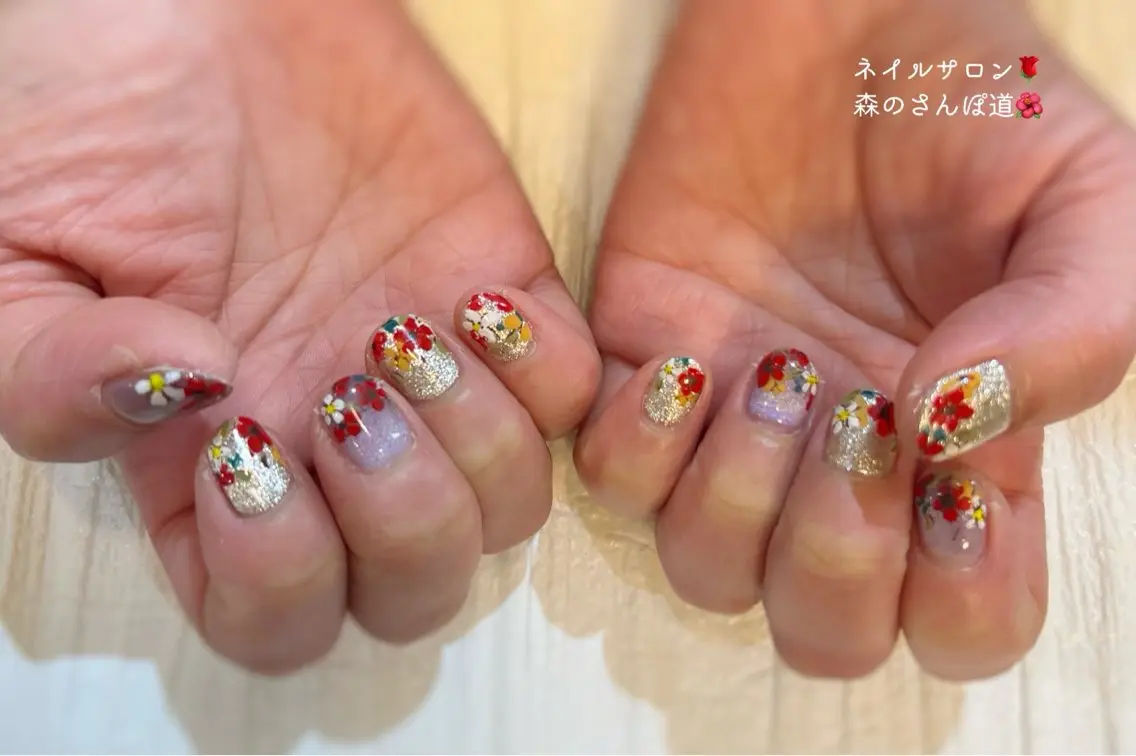 ネイル ハンドネイル ショートネイル 森のさんぽ道のネイルデザイン