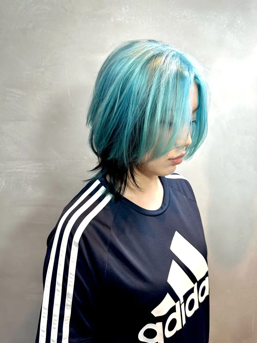 ミディアム カラー 黒髪 ブルーカラー ウルフカット カット ヘアカラー トリートメント 🏆ハイトーン/ ショート🏆Yutoのヘアスタイル