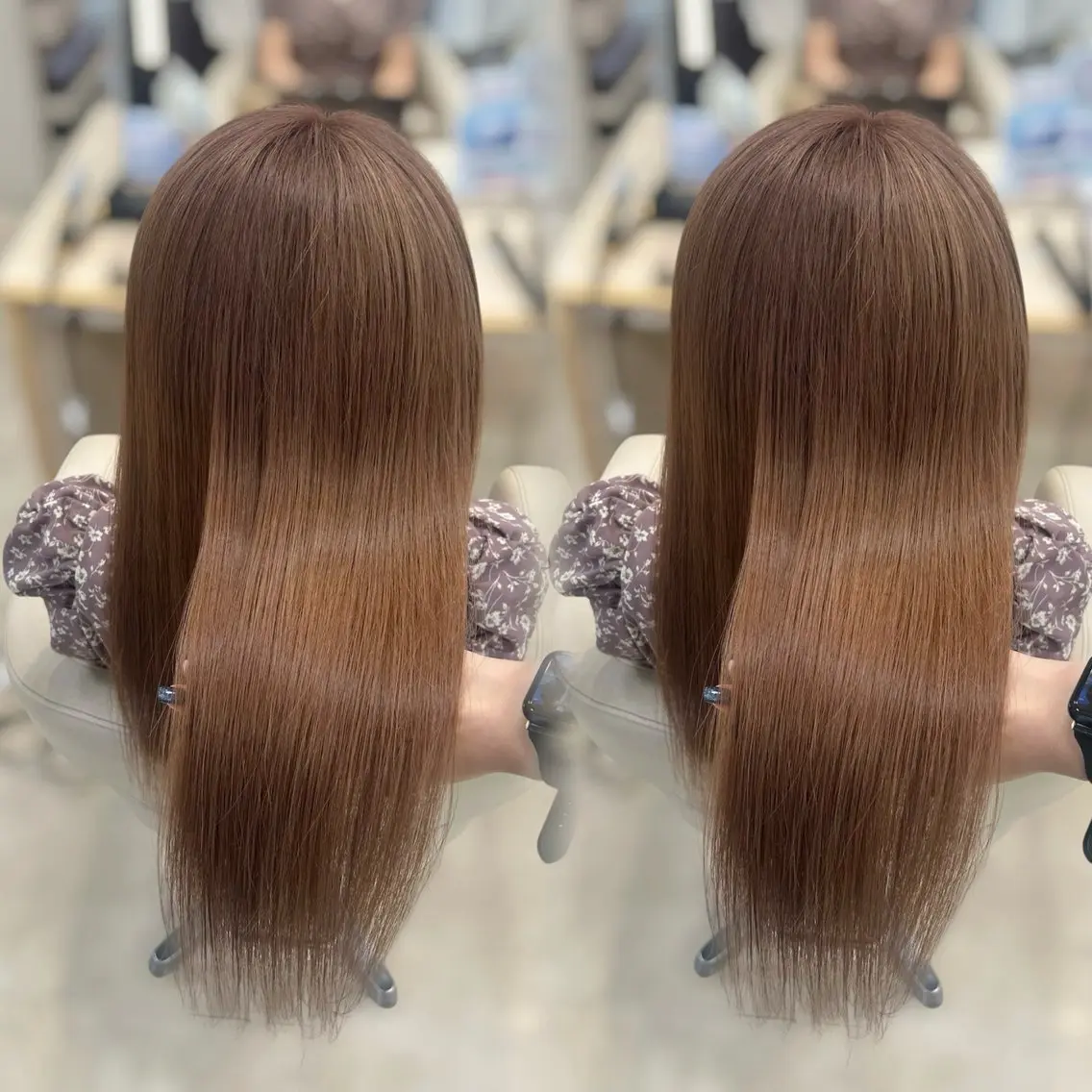 ロング カラー ベージュカラー ブリーチ ミルクティーベージュ ヘアカラー トリートメント ヘアセット ベージュ/つや/ レイヤー/ゆいなのヘアスタイル