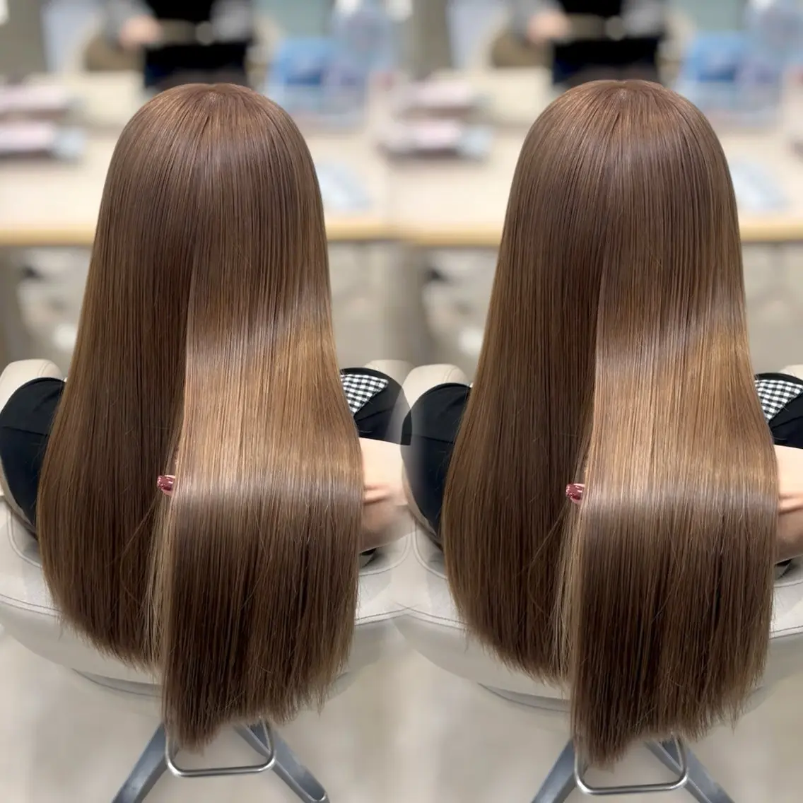 ロング カラー ベージュカラー ブリーチ ミルクティーベージュ ヘアカラー トリートメント ヘアセット ベージュ/つや/ レイヤー/ゆいなのヘアスタイル