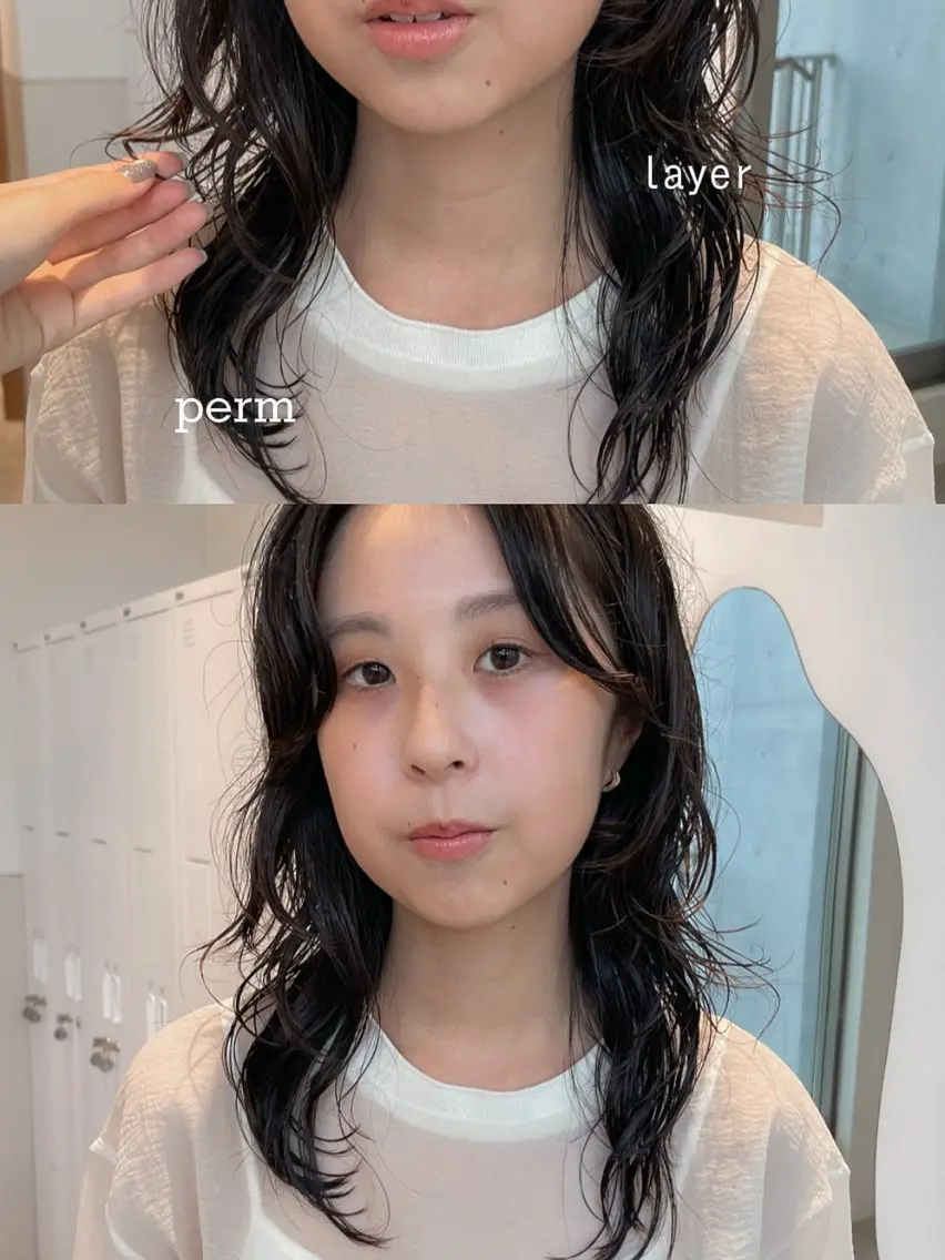 ミディアム パーマ ミディアムパーマ レイヤーカット カット パーマ 抜け感ボブ×パーマ |kazaneのヘアスタイル