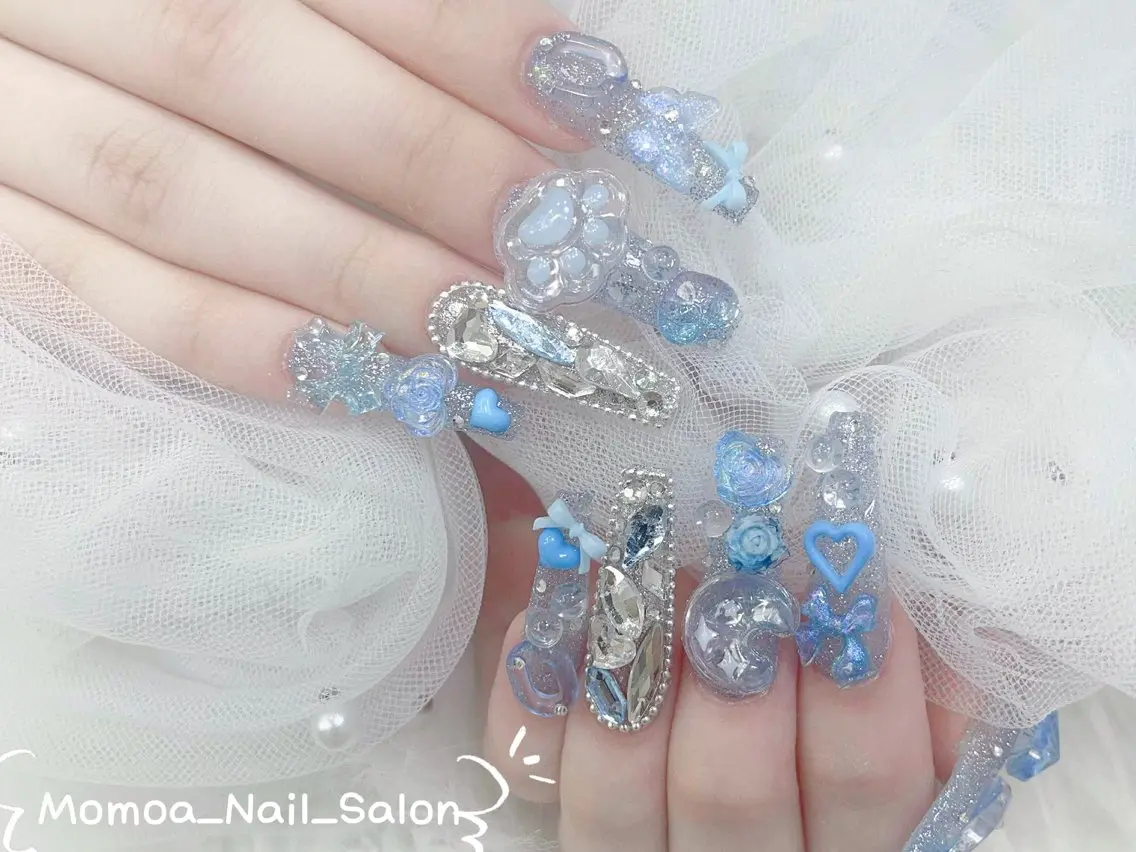 ネイル 成人式 ロングネイル マグネットネイル 大理石ネイル(マーブル) 持ち込み ハンドネイル MoMoA Nail ネイル長さ出し専門店のネイルデザイン