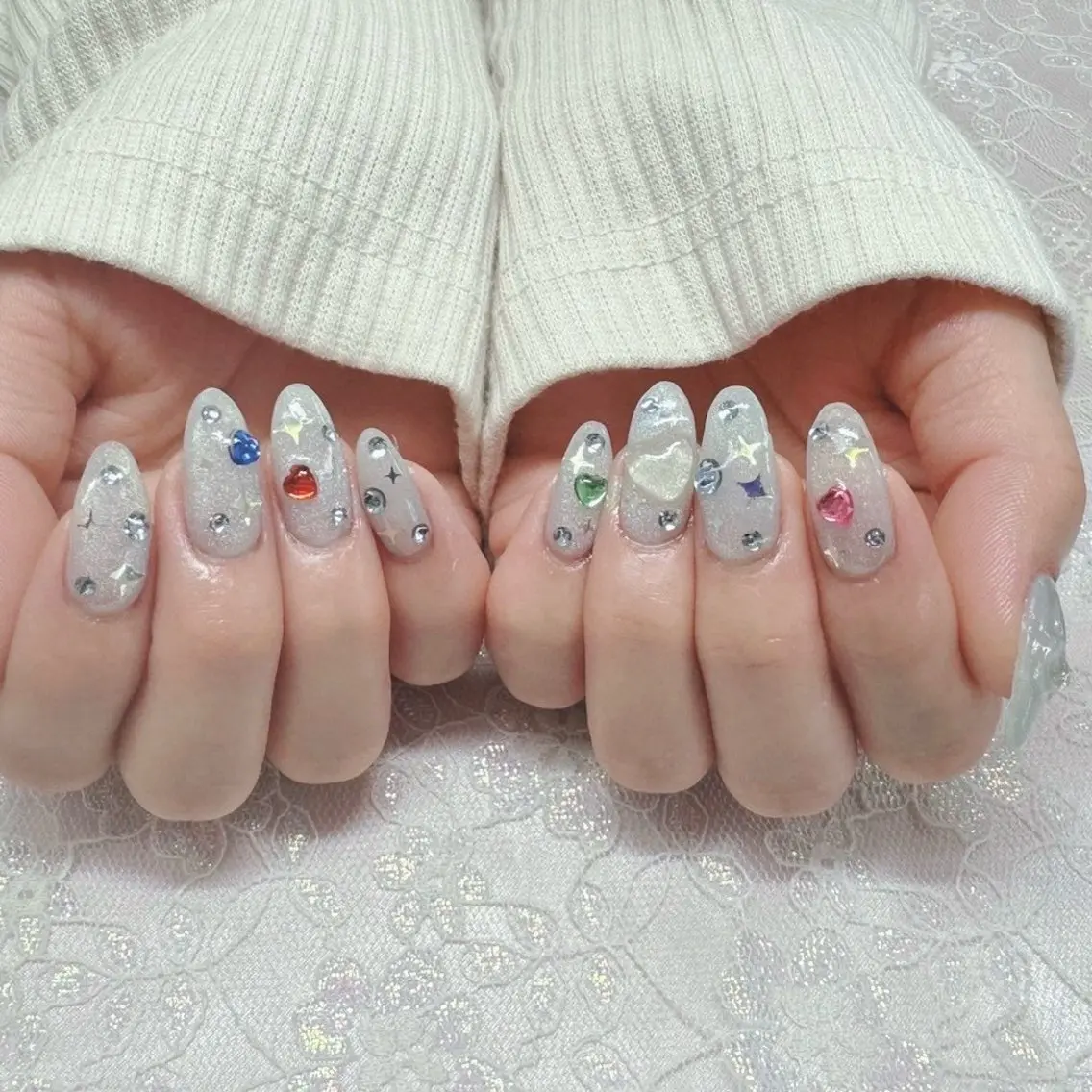 ネイル アートネイル ジェルネイル 持ち込み シルバー ストーンネイル ハンドネイル Nail lieNのネイルデザイン