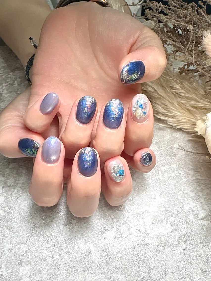 ネイル ブルー ジェルネイル 持ち込み ニュアンスネイル オフィスネイル Pooky nailsのネイルデザイン