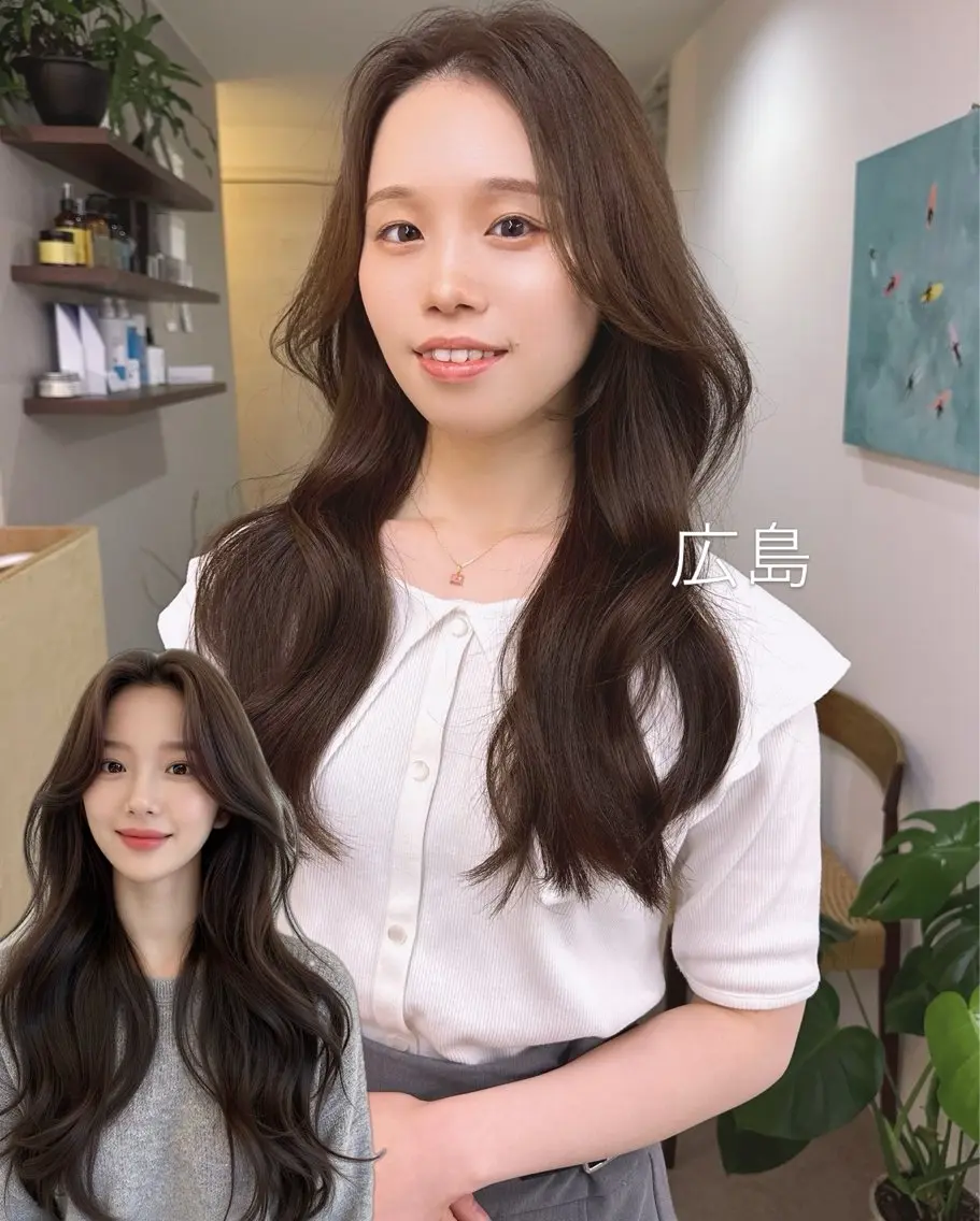 ロング カラー ベージュカラー 黒髪 ブリーチ 透明感カラー ダブルカラー カット ヘアカラー トリートメント 【韓国レイヤー特化 ハッシュカット】のヘアスタイル
