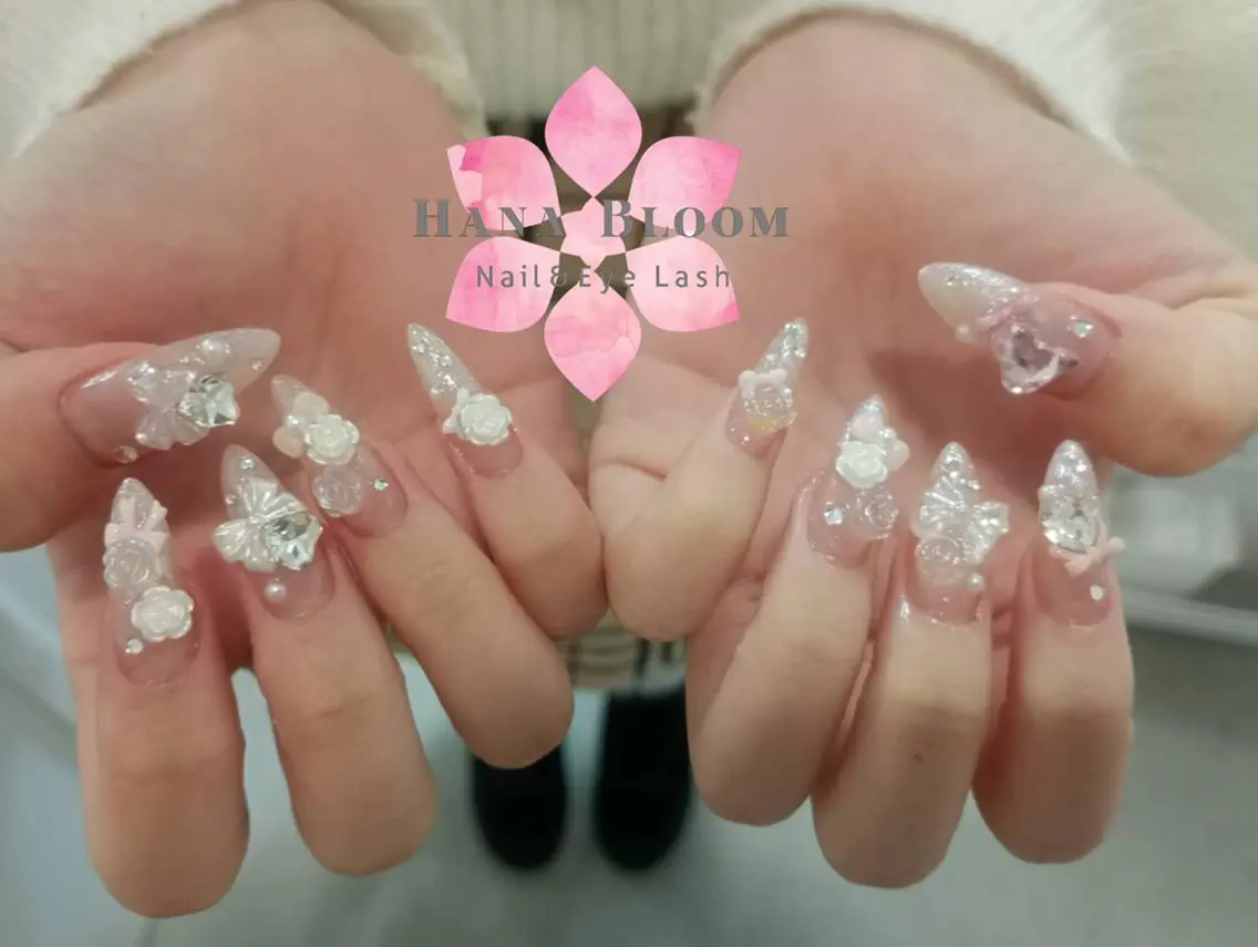 ネイル クリアネイル 長さ出し キラキラネイル 韓国ネイル ロングネイル ハンドネイル ハンドケア Hana Bloom 💖初回オフ無料のネイルデザイン