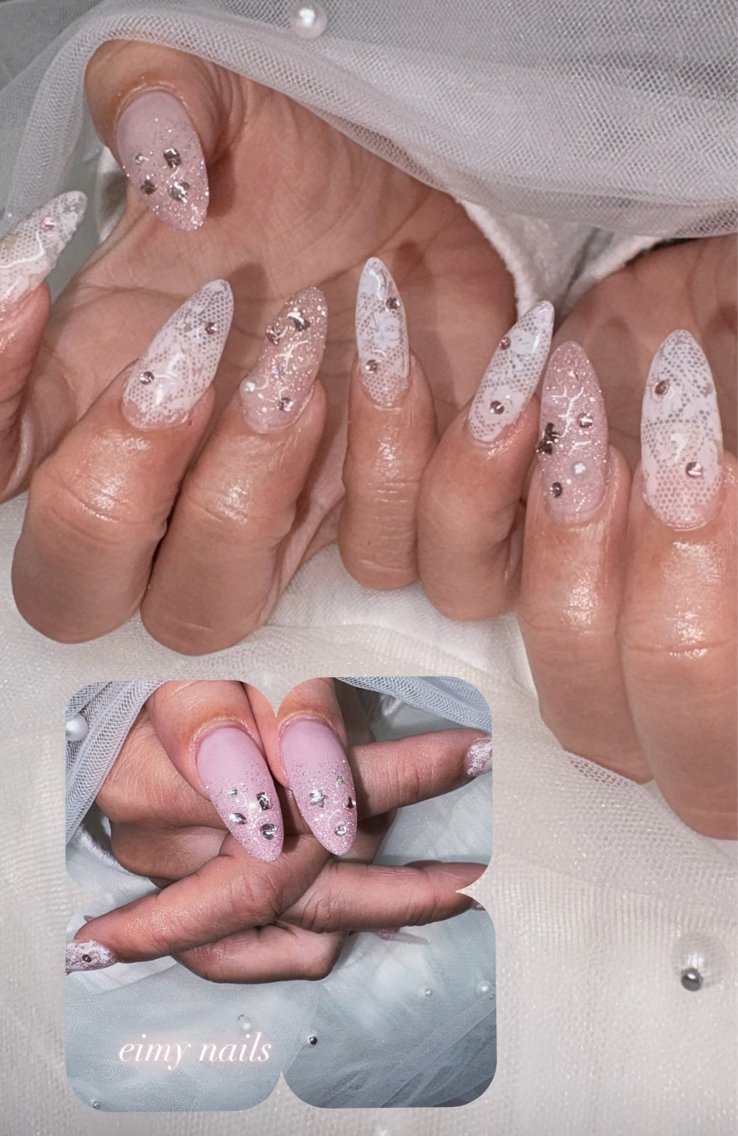ネイル アートネイル 長さ出し グラデーション レース ラメ(グリッター) ハンドネイル eimy nails♡のネイルデザイン