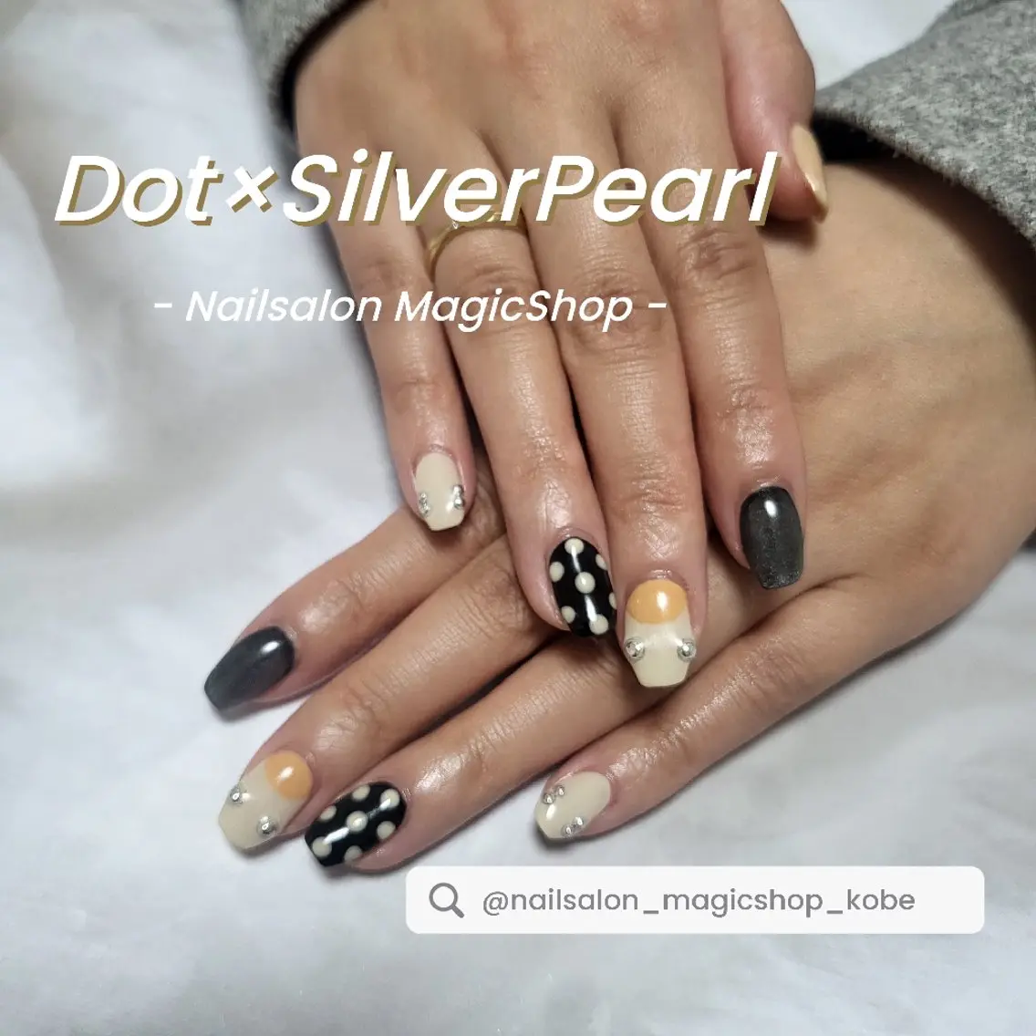 ネイル ドット ジェルネイル キラキラネイル マグネットネイル オレンジ ハンドネイル Nailsalon MagicShopのネイルデザイン