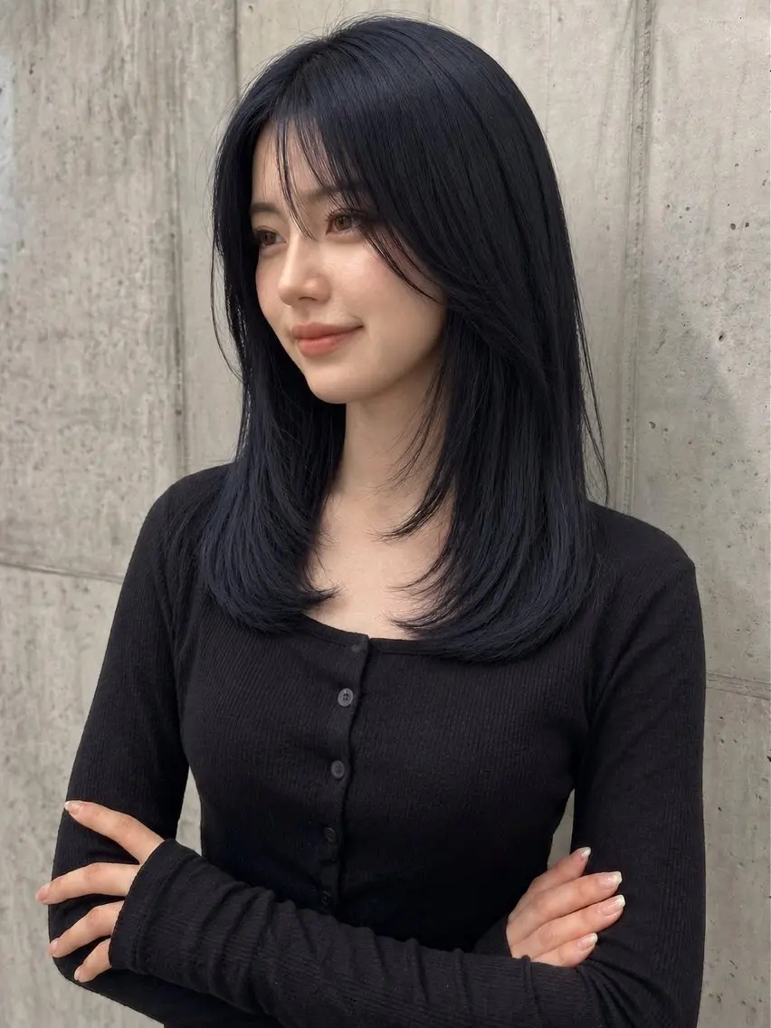 ミディアム カラー 黒髪 ブルーカラー ブルーブラック 透明感カラー 韓国風ヘア ヘアカラー COCO / ayaneのヘアスタイル