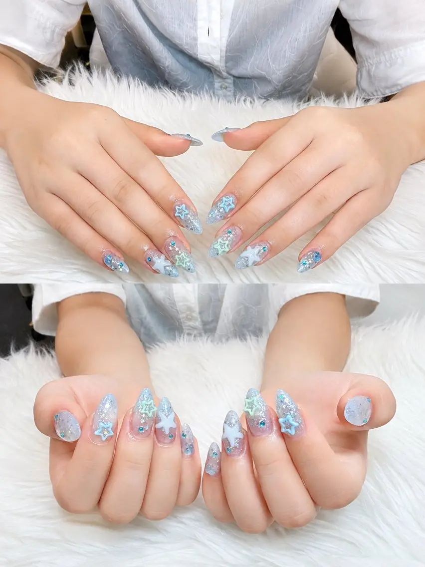 ネイル ブルー ジェルネイル キラキラネイル 韓国ネイル ラメ(グリッター) MEO MEO NAIL 守山のネイルデザイン