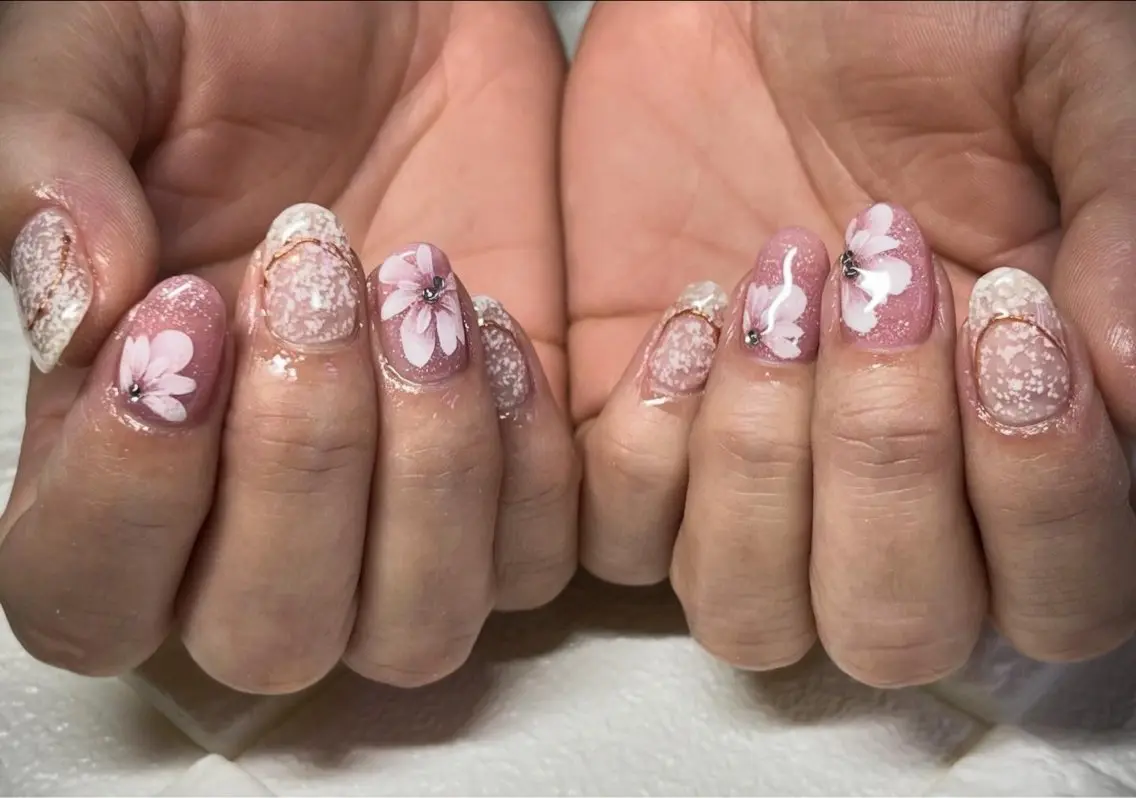 ネイル フラワーネイル 春ネイル ハンドネイル まり りぃ〜んのネイルデザイン