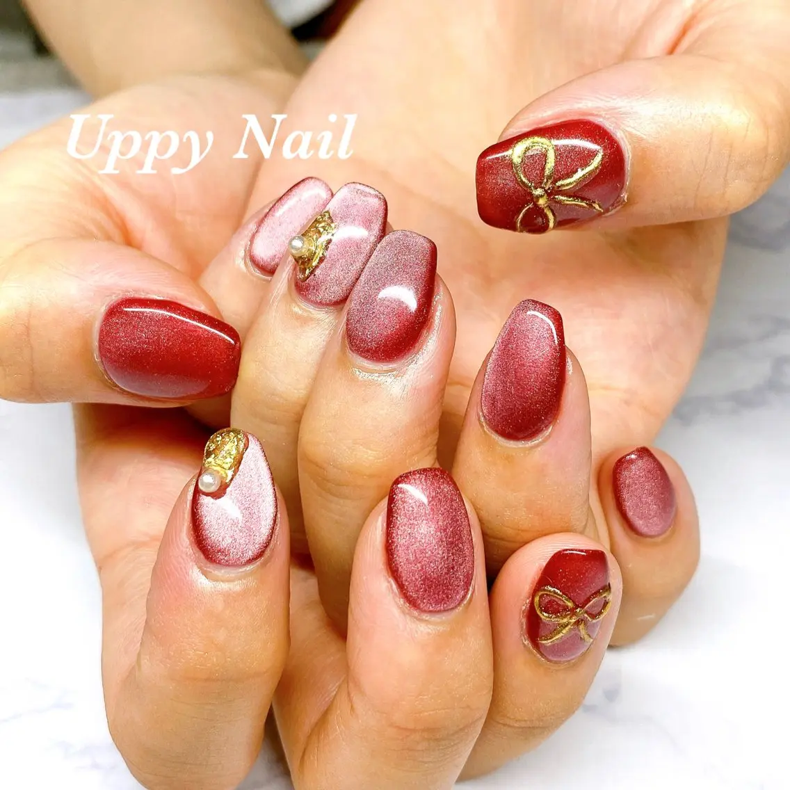 ネイル マグネットネイル 赤色 リボン ハンドネイル Uppy Nail ukyoのネイルデザイン