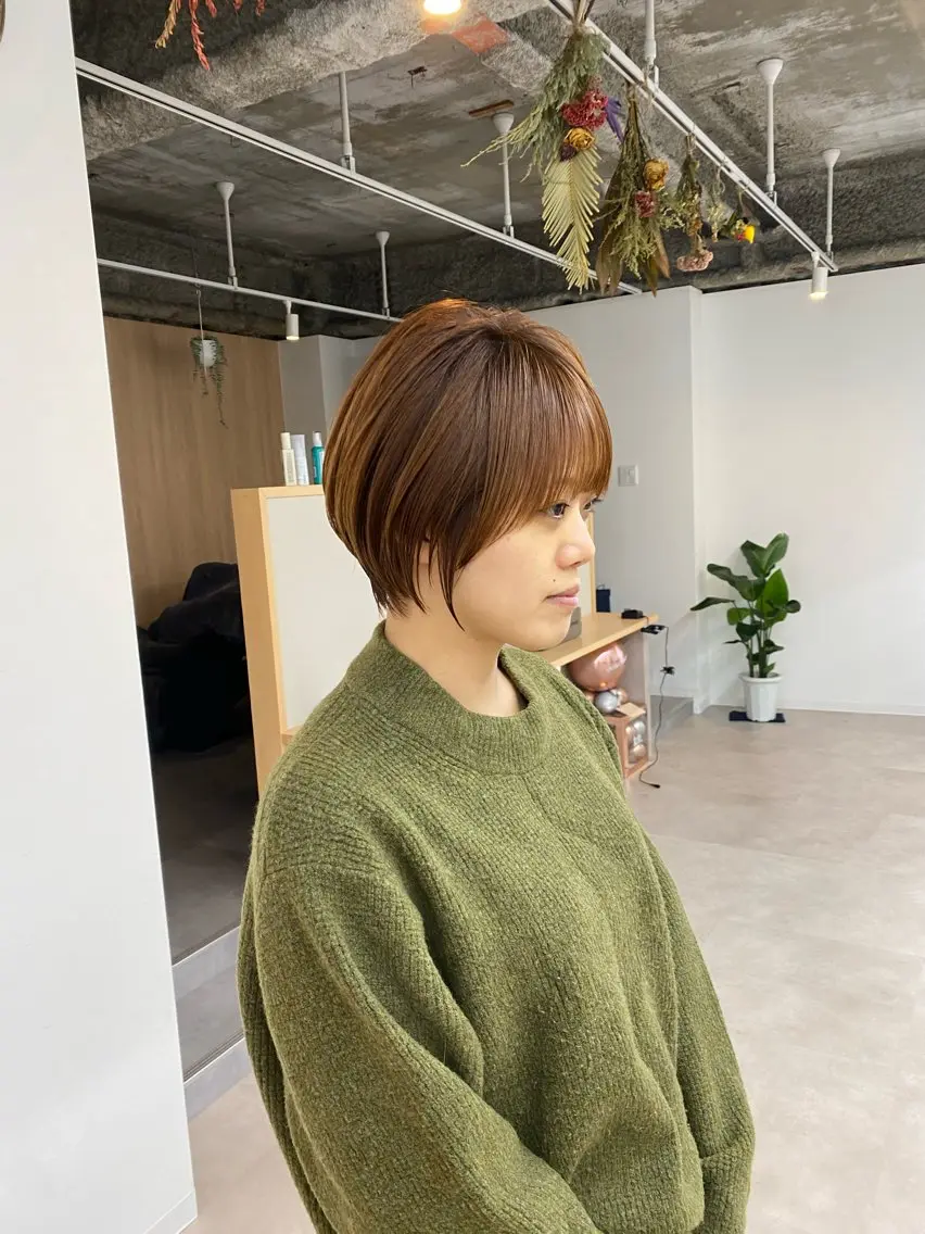 ショート カラー ショートボブ 丸みショート ベージュカラー オレンジ オレンジベージュ 当日予約🆗ショート /ハイライト/松本のヘアスタイル