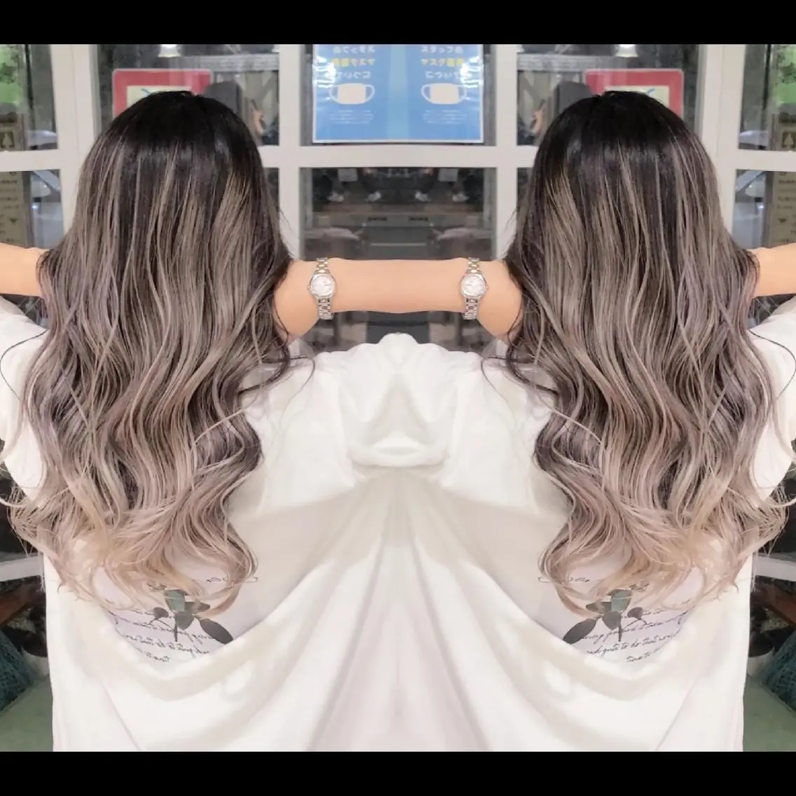 ロング カラー アッシュ アッシュグレー バレイヤージュ ベージュカラー ブリーチ バレイヤージュ/ ハイライト/大内格のヘアスタイル