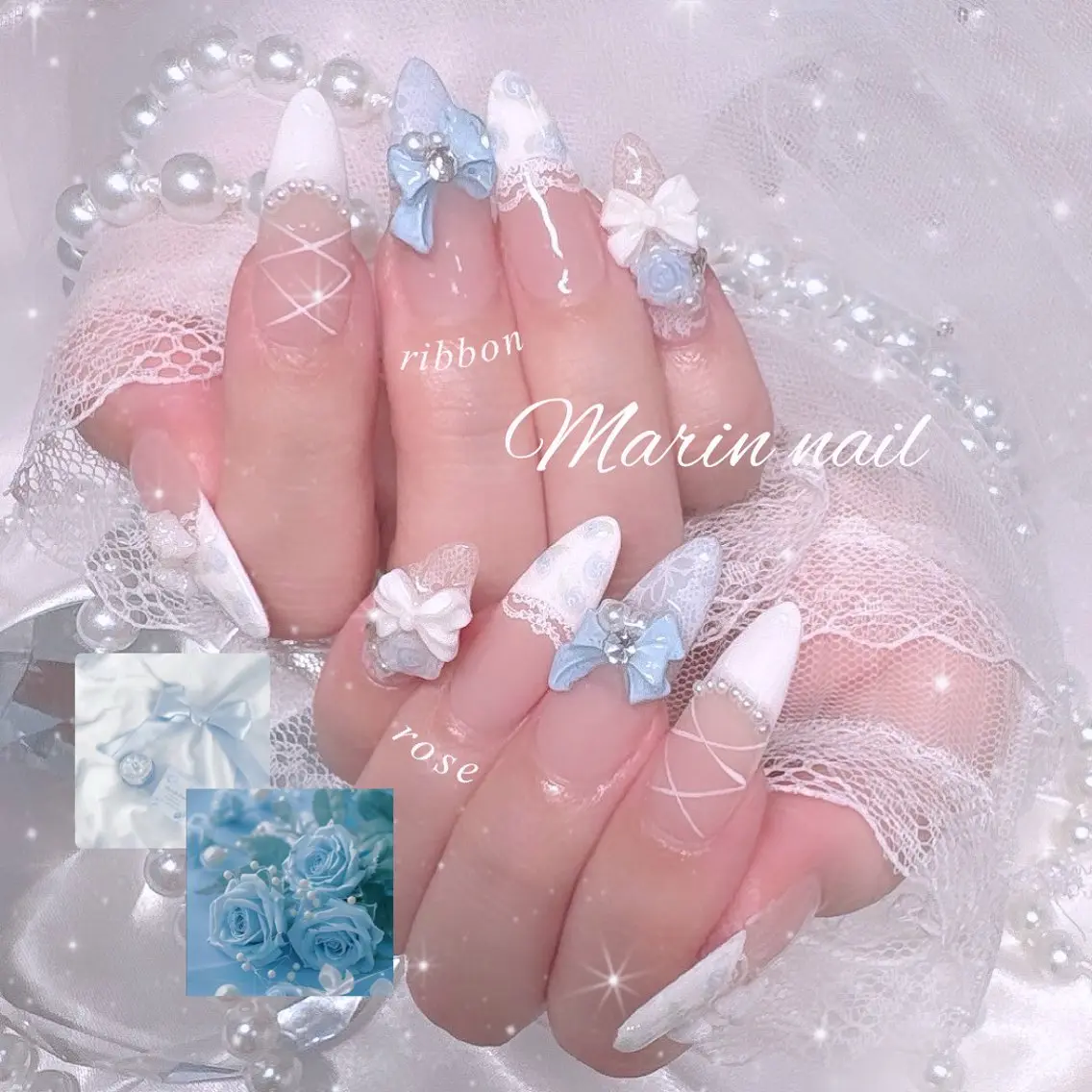 ネイル ブルー フレンチネイル ジェルネイル 韓国ネイル レース ハンドネイル Marin nailのネイルデザイン