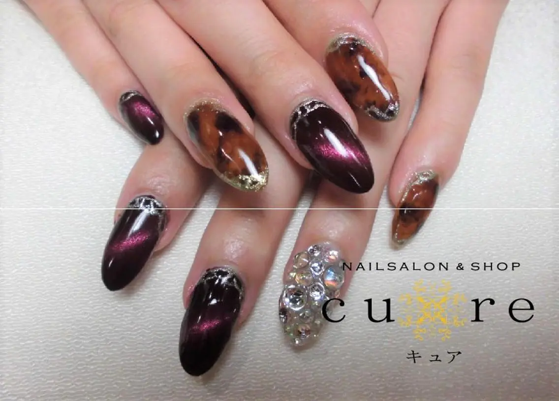 ネイル ロング べっ甲ネイル マグネットネイル ネイルサロン Cureのネイルデザイン