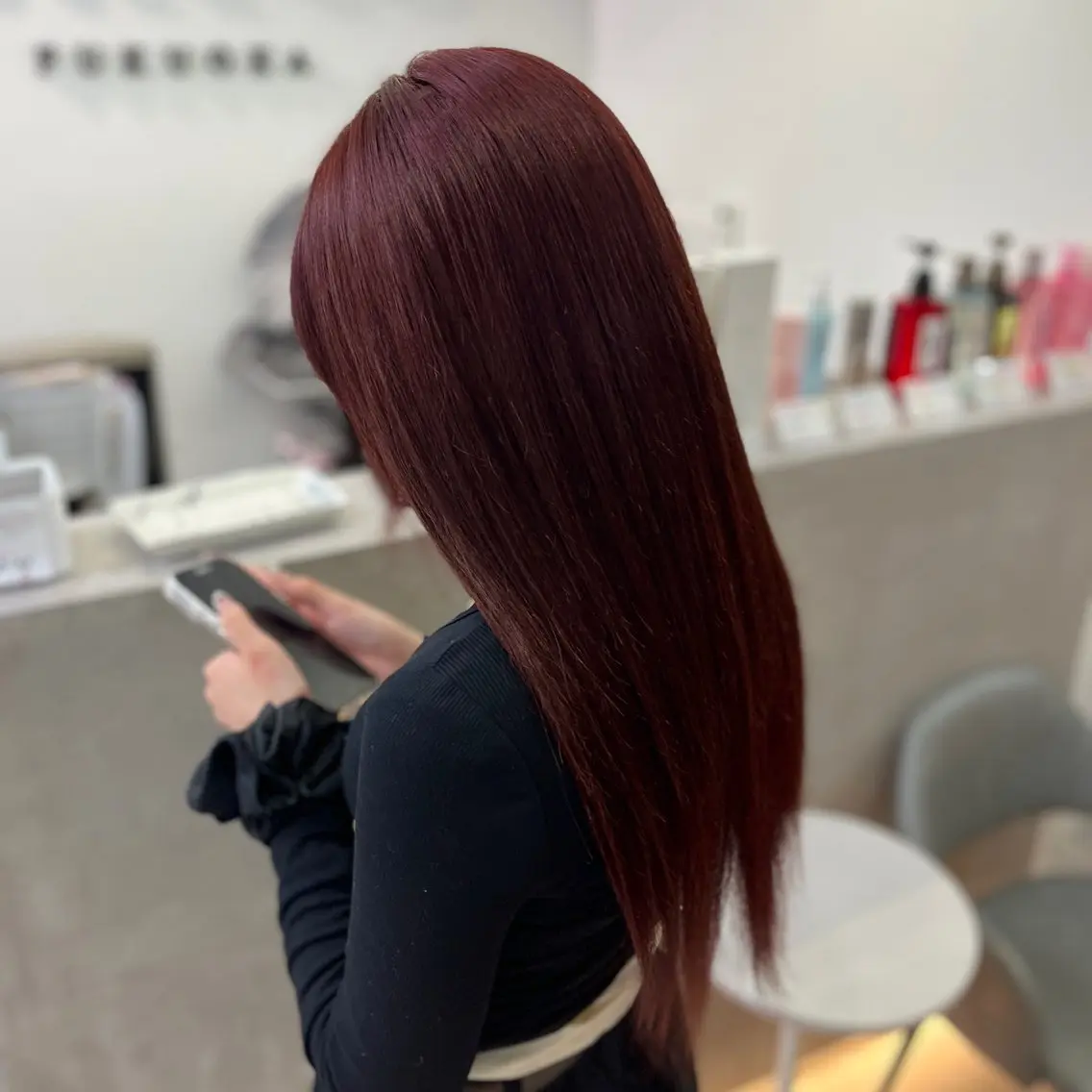 カラー 黒髪 ブリーチ ボルドーカラー ダブルカラー ブリーチなしカラー ヘアカラー MOMOKA / Lapis今泉店のヘアスタイル