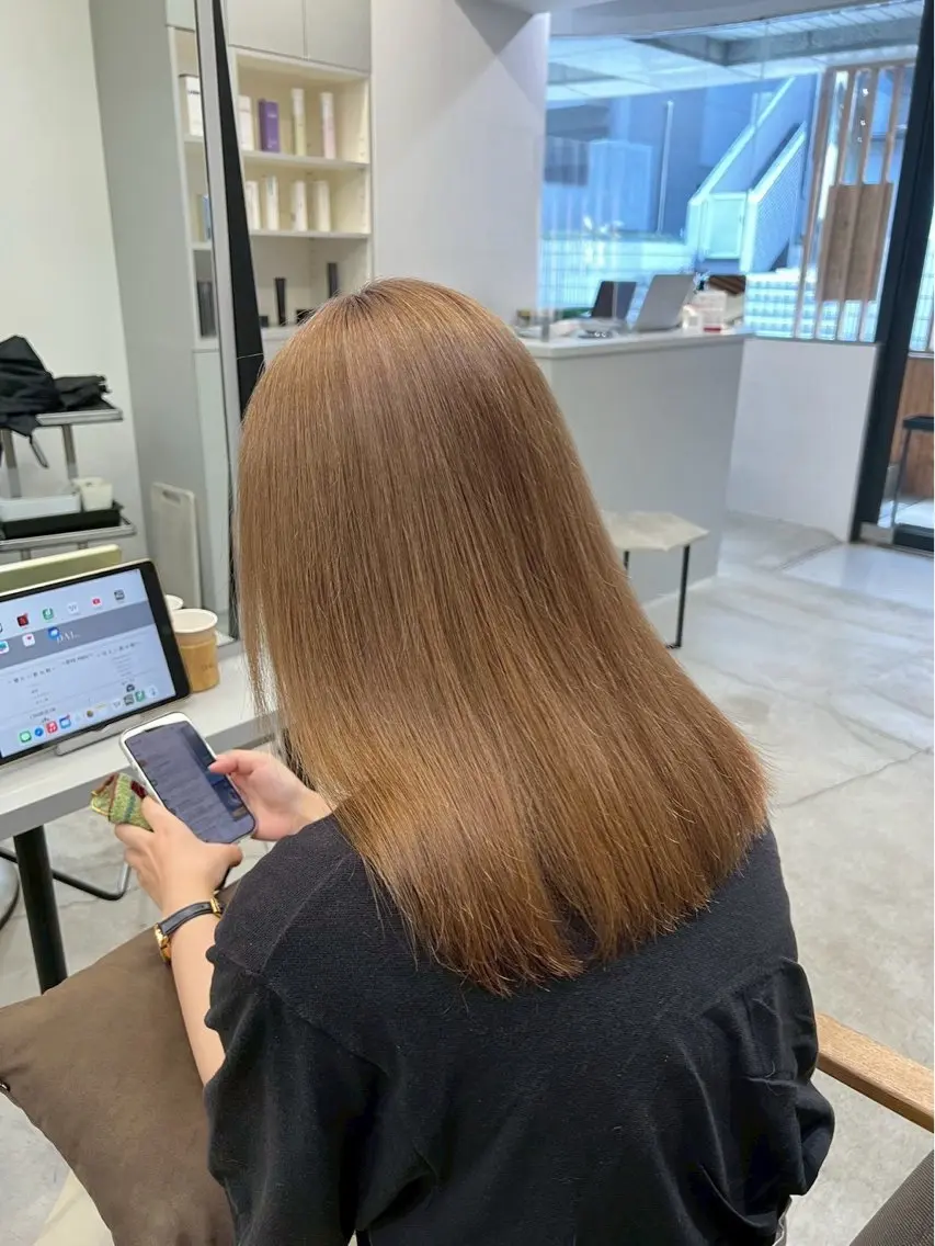 ミディアム 縮毛矯正 絶対可愛い暖色カラー 🌷うる艶🌷結奈✨のヘアスタイル