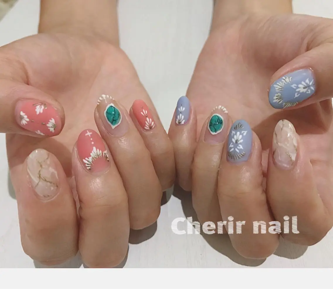 ネイル アートネイル ブルー クリアネイル 大理石ネイル(マーブル) マットネイル Cherirnail kaoriのネイルデザイン