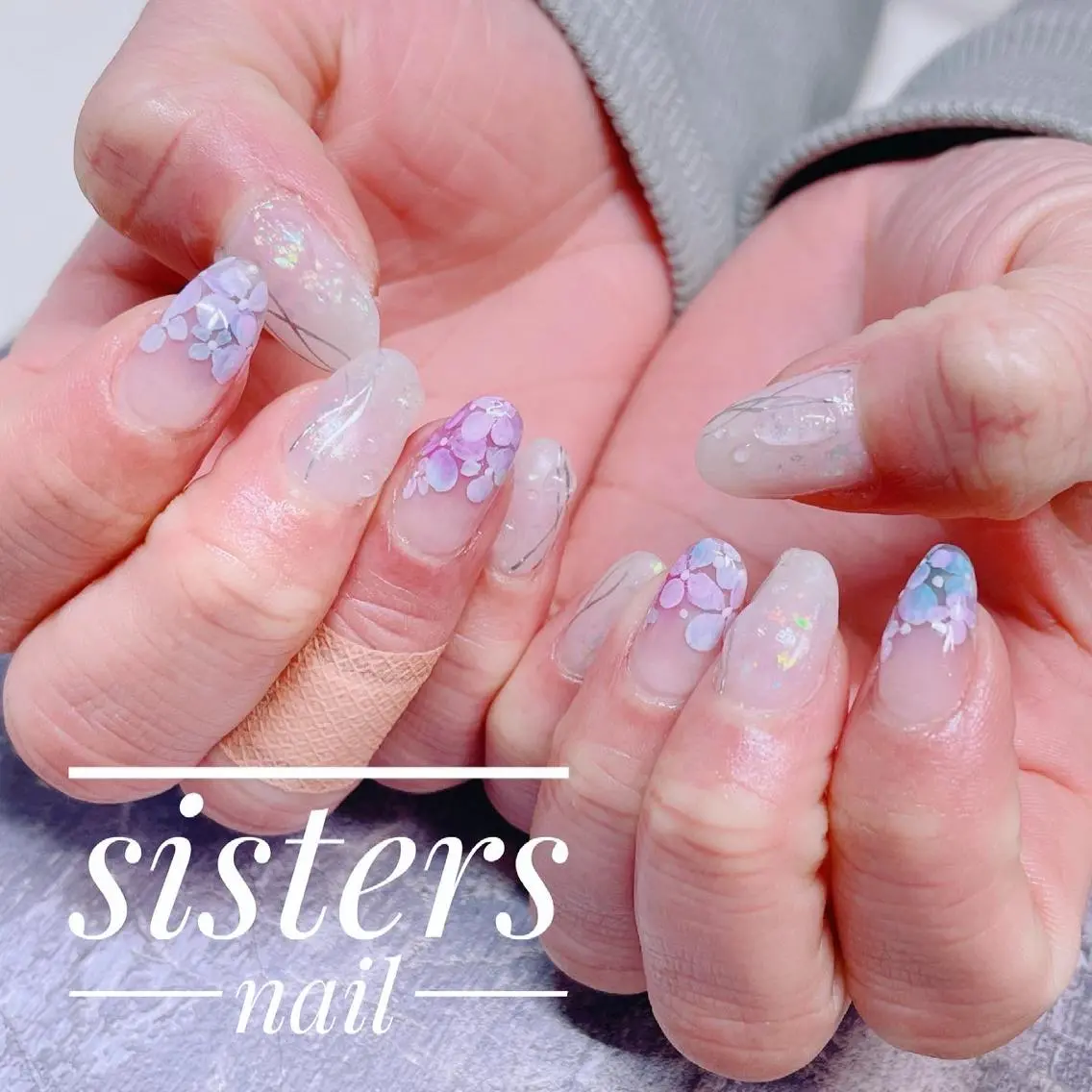 ネイル アートネイル クリアネイル フラワーネイル パープル 夏ネイル sisters nail.fのネイルデザイン