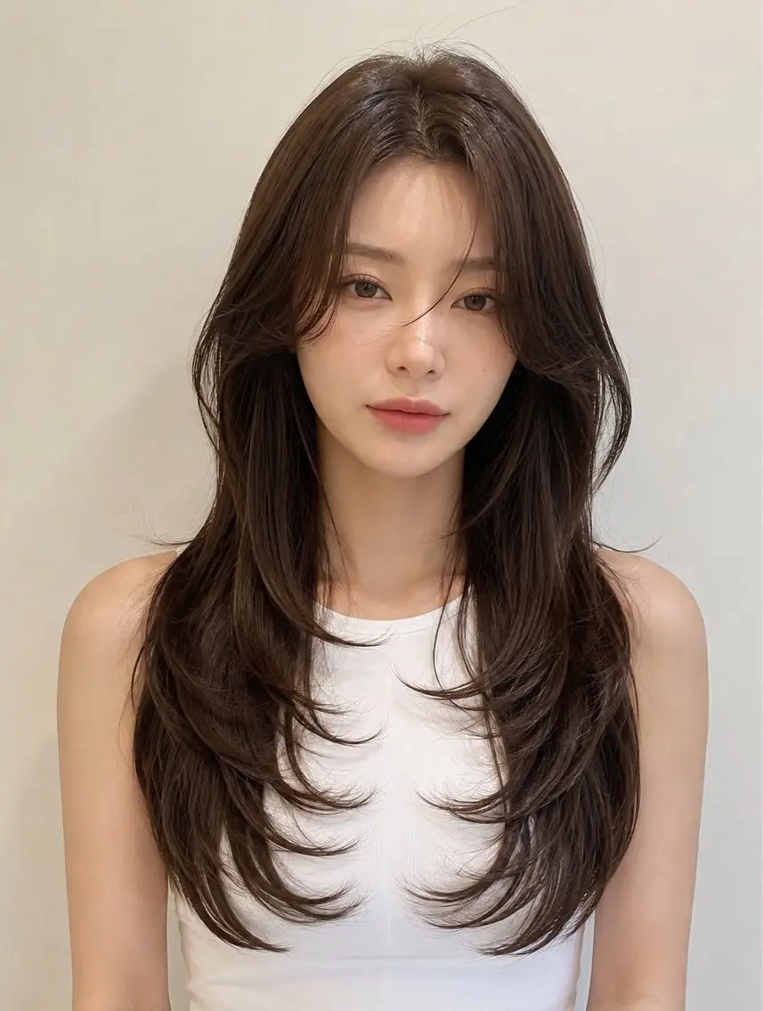 ロング くびれヘア ハッシュカット 韓国風ヘア レイヤーカット ロング カット ヘアカラー トリートメント 新宿/韓国レイヤー/ 顔まわり透明感カラーのヘアスタイル