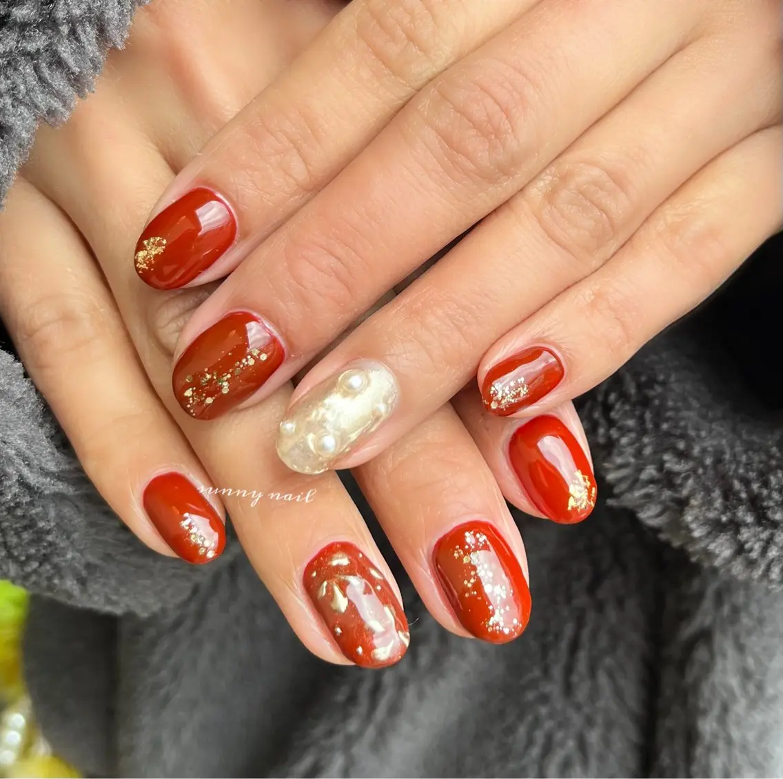 ネイル ボルドー フラワーネイル ジェルネイル ミラーネイル パラジェル sunny nailのネイルデザイン