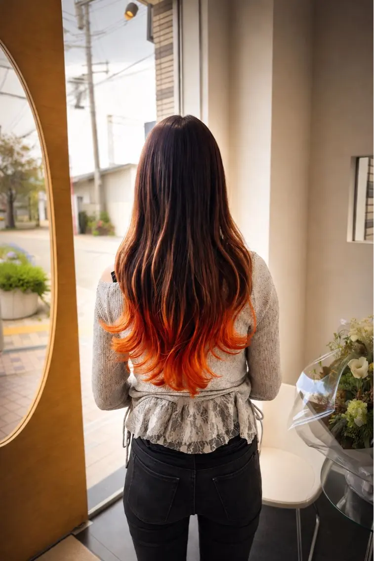 ロング カラー ブリーチ デザインカラー グラデーションカラー オレンジ ヘアカラー 松本 将太のヘアスタイル