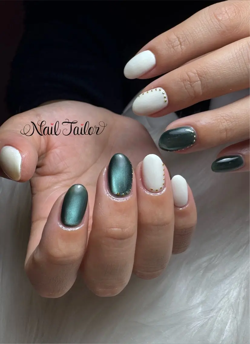 ネイル グリーン マグネットネイル 黄色 ハンドネイル NailTailor ネイルテイラーのネイルデザイン