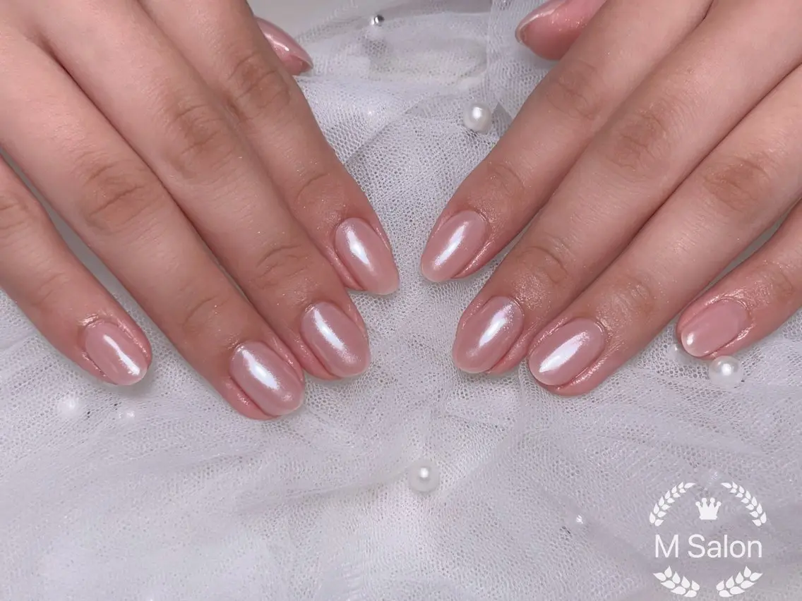 ネイル ブルー チークネイル フレンチネイル ガーリー ハート ハンドネイル Mnail _KKのネイルデザイン