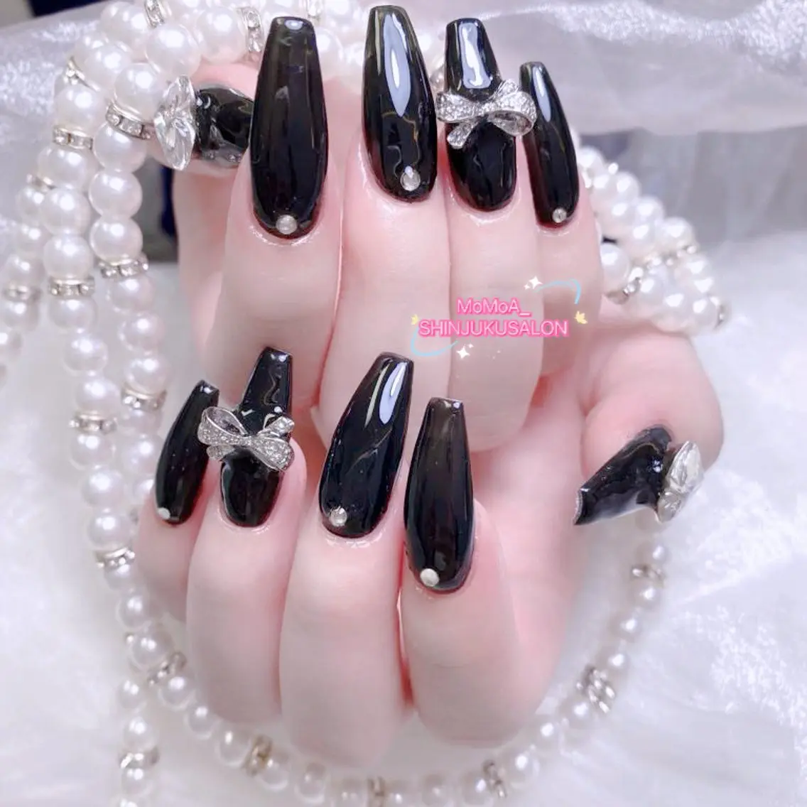 ネイル 成人式 ジェルネイル ロングネイル マグネットネイル 大理石ネイル(マーブル) ハンドネイル MoMoA Nail ネイル長さ出し専門店のネイルデザイン