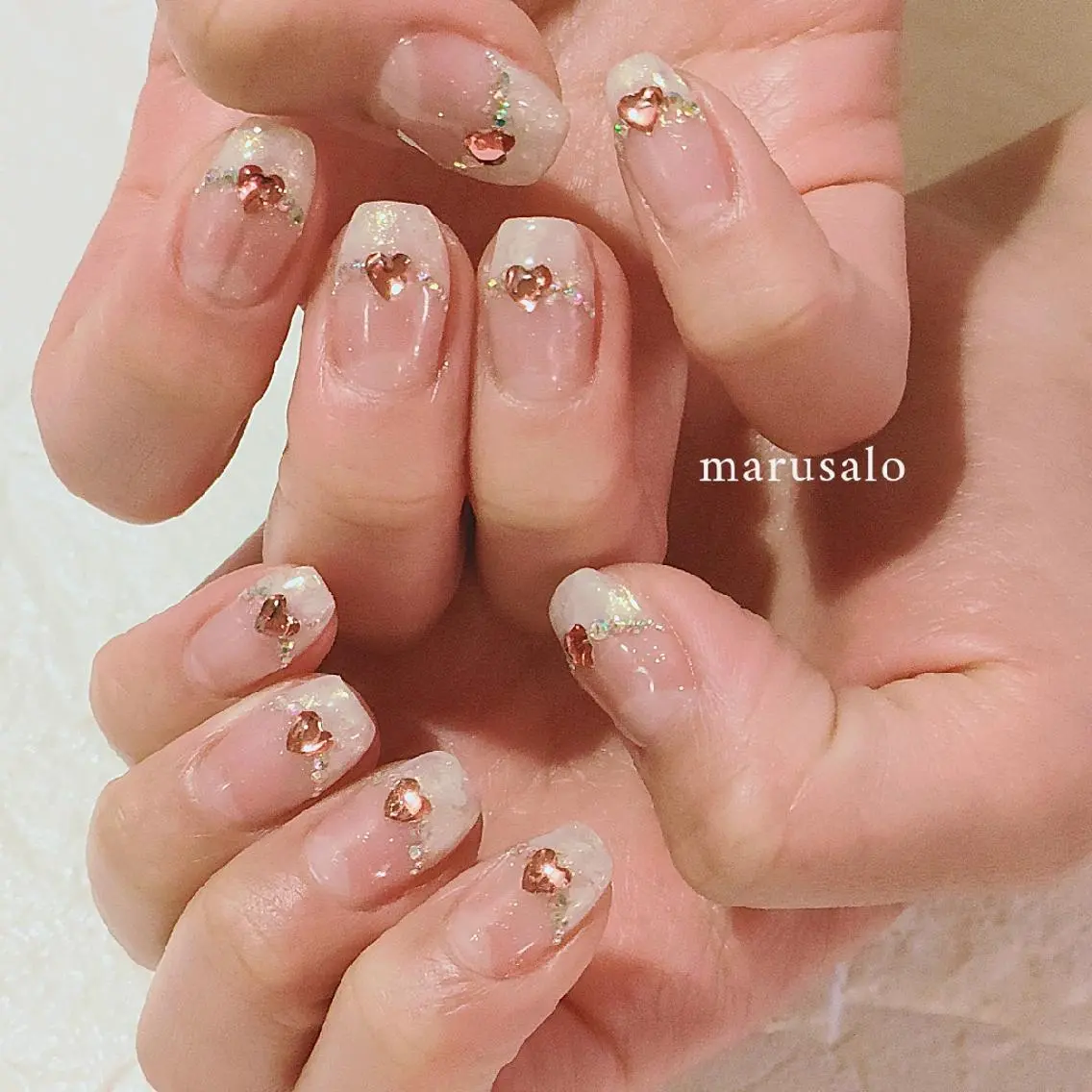 ネイル フレンチネイル ガーリー ハート キラキラネイル 韓国ネイル ハンドネイル marusalo nailのネイルデザイン