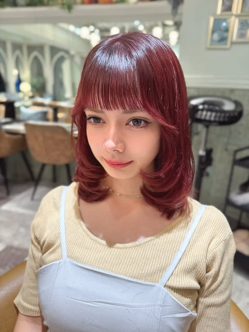 ミディアム カラー ベージュカラー 黒髪 ブリーチ ブルーカラー ブルーブラック カット ヘアカラー トリートメント 木屋元一/透明感 /前髪/レイヤーのヘアスタイル