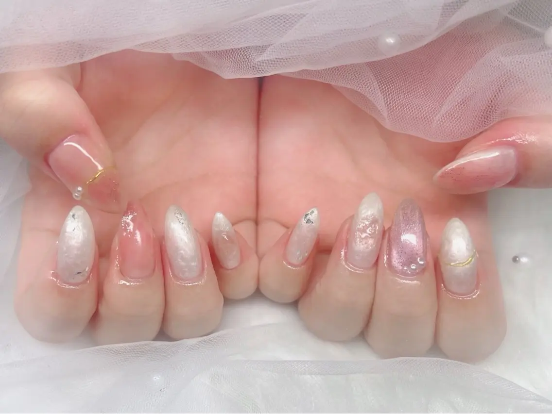 ネイル ブルー チークネイル ドット フレンチネイル ジェルネイル ハンドネイル Kei Nail 長さ出し 付け放題のネイルデザイン