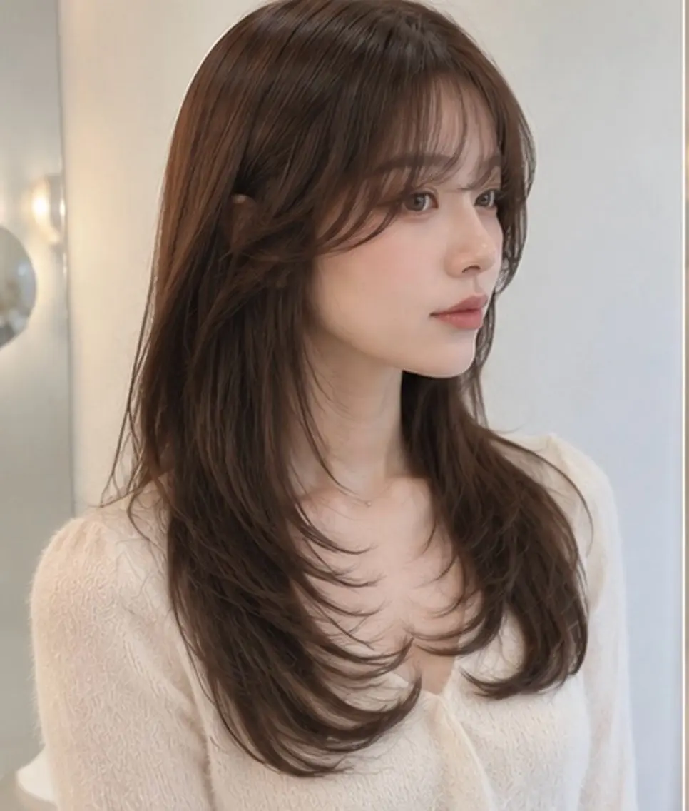 ロング 顔周りカット 韓国風ヘア レイヤーカット ロング 韓国風ワンホンレイヤ ー/似合わせカットのヘアスタイル