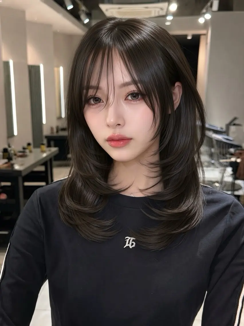 ミディアム カラー カット 縮毛矯正 髪質改善ストレート 韓国風レイヤー池袋のヘアスタイル