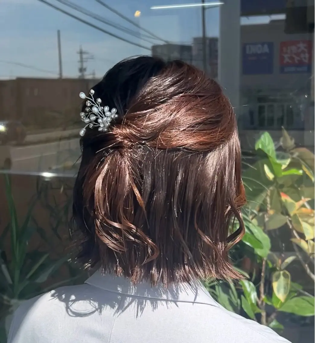 ショート ヘアアレンジ ハーフアップ 結婚式・ブライダル ボブ ヘアセット arika もえのヘアスタイル