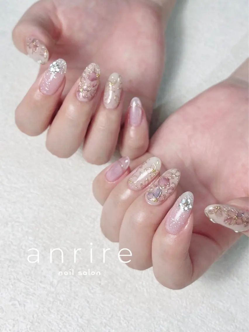 ネイル フラッシュネイル フラワーネイル ジェルネイル キラキラネイル ラメ(グリッター) nailsalon anrireのネイルデザイン