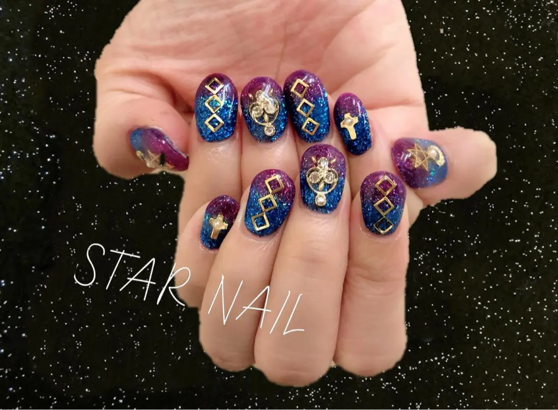 ネイル ブルー ゴールド 持ち込み STAR NAILのネイルデザイン