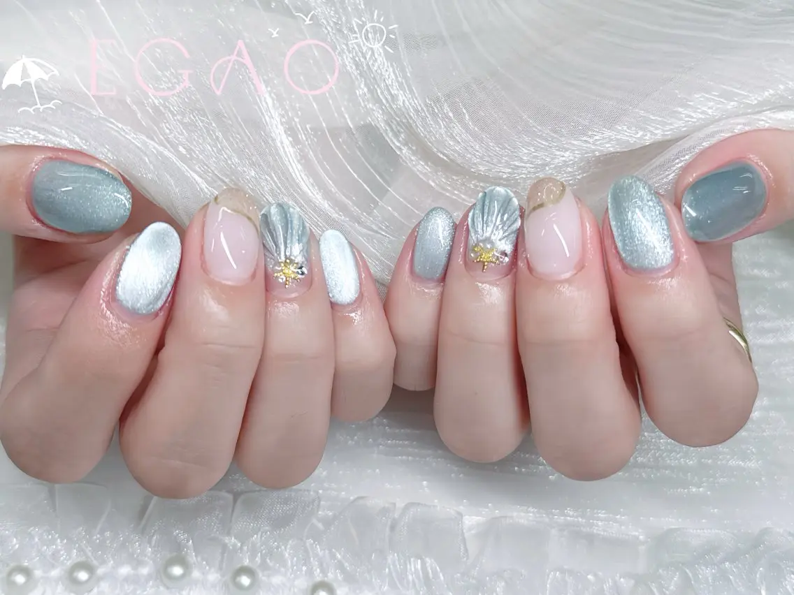 ネイル アートネイル ブルー 氷ネイル・うるうるネイル キラキラネイル 韓国ネイル ハンドネイル EGAO NAIL 錦糸町店のネイルデザイン