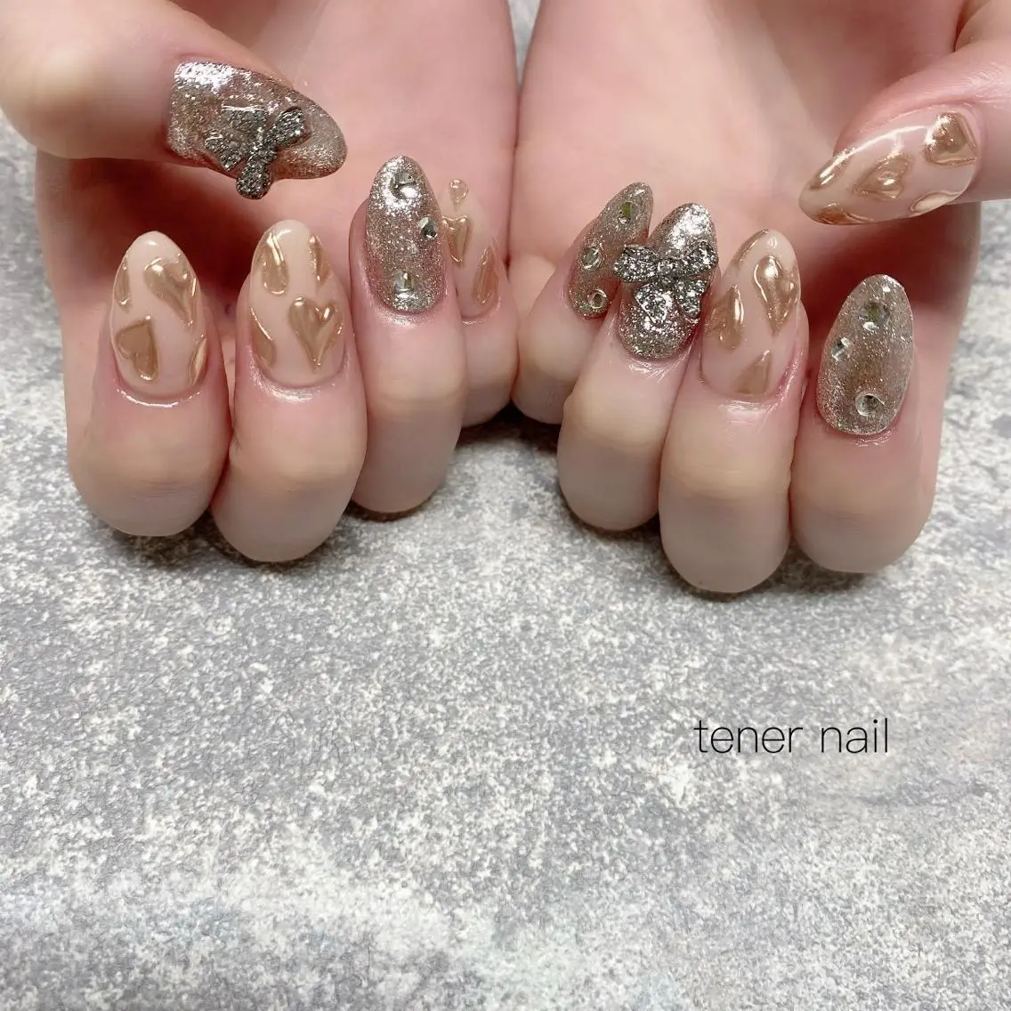 ネイル ハート ミラーネイル リボン テネルネイル tener nailのネイルデザイン