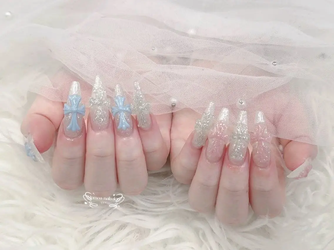 ネイル 成人式 大理石ネイル(マーブル) リボン 夏ネイル ネイルチップ ハンドネイル MoMoA Nail ネイル長さ出し専門店のネイルデザイン