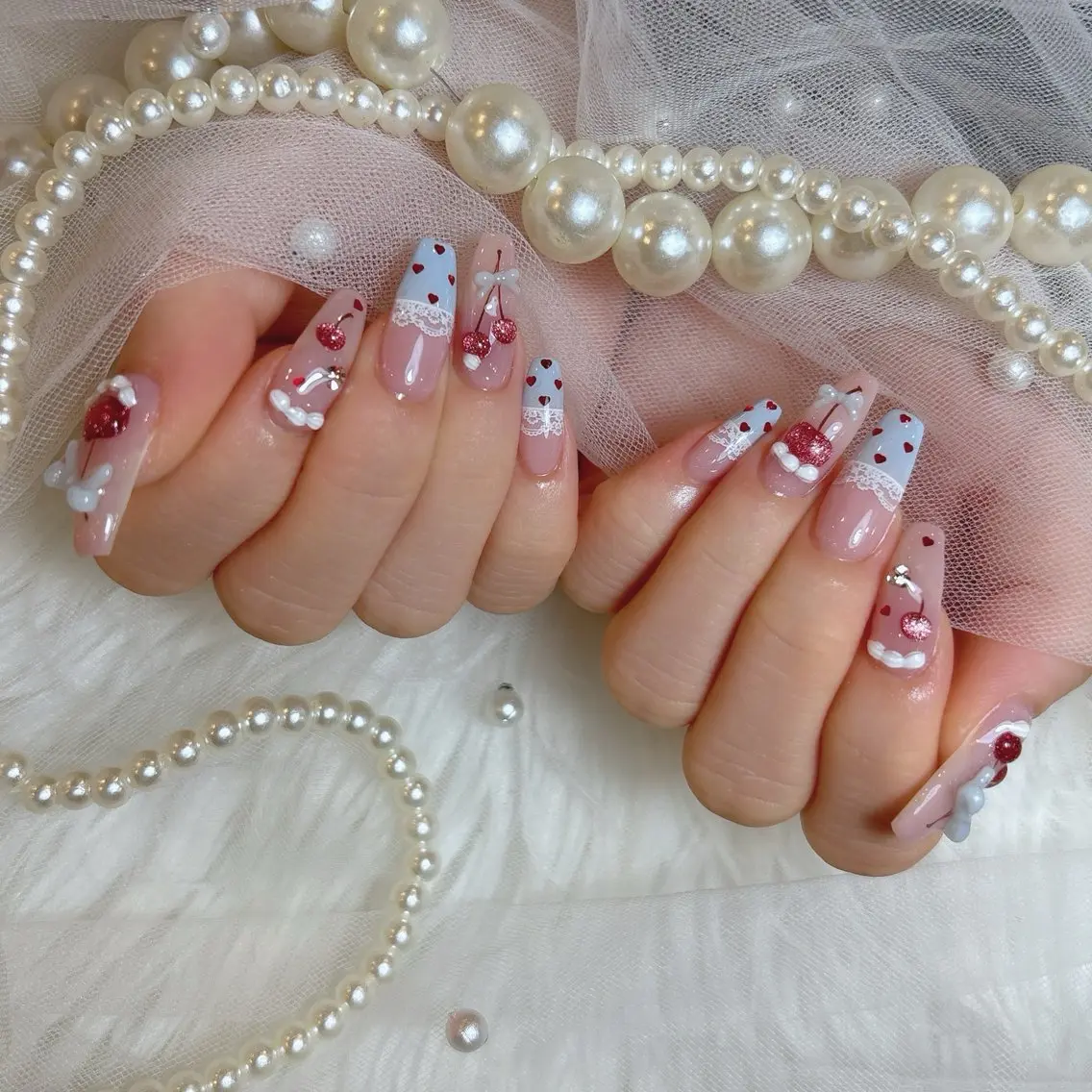 ネイル ガーリー ハート 韓国ネイル レース ロングネイル Sora NAILのネイルデザイン