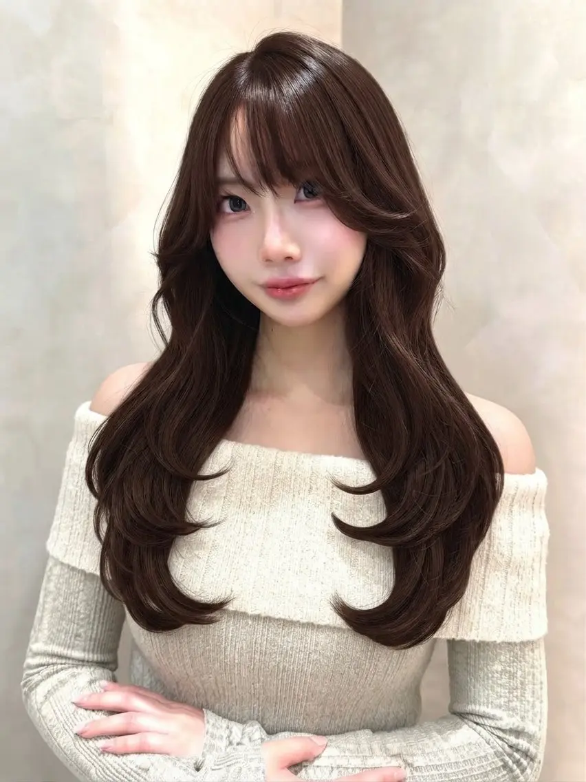 ロング くびれヘア 顔周りカット 韓国風ヘア レイヤーカット サイドバング カット ヘアカラー ワンホンヘア/ レイヤー/韓国/石川のヘアスタイル