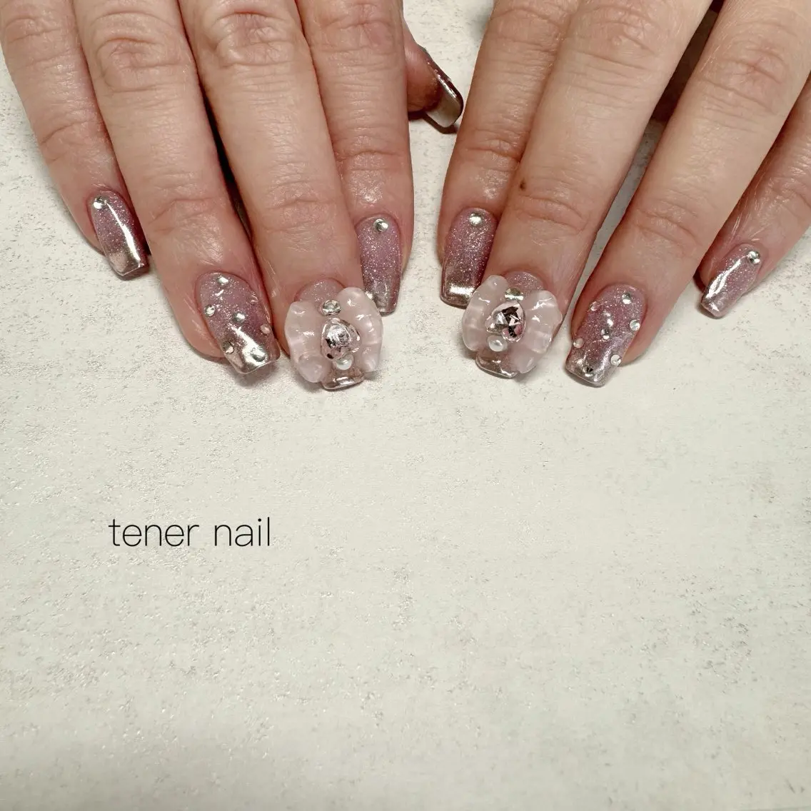 ネイル フレンチネイル ミラーネイル リボン ハンドネイル テネルネイル tener nailのネイルデザイン