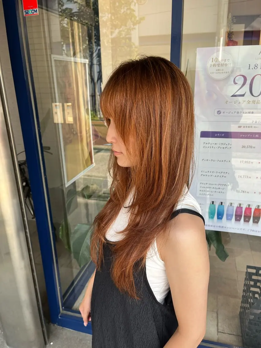 ロング カラー ハイライトカラー オレンジ ハッシュカット ハイライト ヘアカラー 大人透明感艶カラー 寺田稜のヘアスタイル