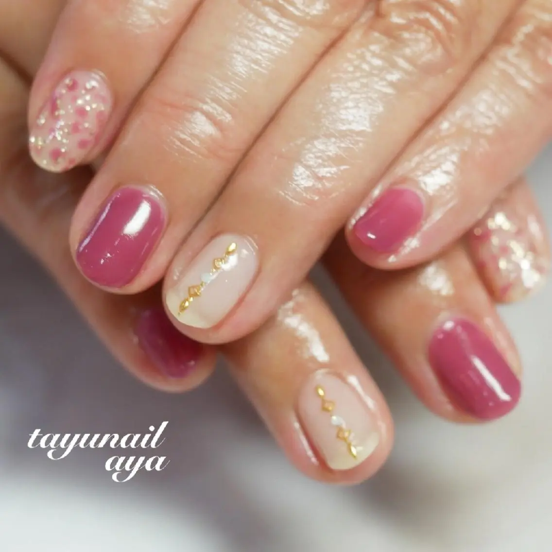 ネイル ブルー ジェルネイル ゴールド パラジェル ピンク ネイルサロン 【たゆnail】のネイルデザイン